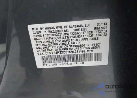 2013 Honda Pilot Lx z USA, uszkodzony, nr VIN 5FNYF4H2XDB069428
